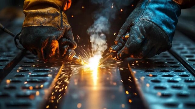 Crafting with Fire: A skilled artisan, clad in protective gear, meticulously welds metal, sparks flying as the arc of the torch fuses the material.