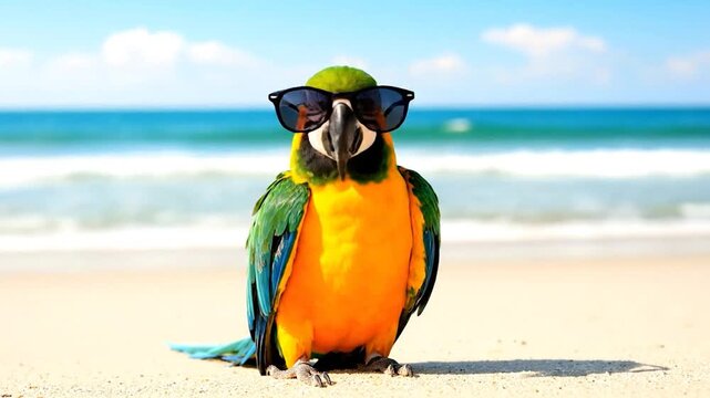 Colorful parrot in sunglasses on sandy beach with ocean in the background