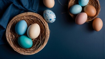 Easter banner with painted eggs and napkin on dark blue backround. Top view, flat lay with copy space, created wth generative ai