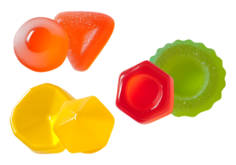 collection of assorted fruit gummy candies in playful shapes and vibrant colors on a dark backdrop, studio photography.