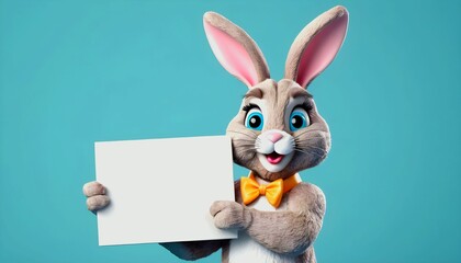 Obraz premium Easter bunny holding a blank sign, easter announcement mockup concept hd, copyspace 3d style, created wth generative ai