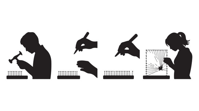 String art crafting process with creative instructional focus in black and white silhouette vector illustration for DIY hobby guides.