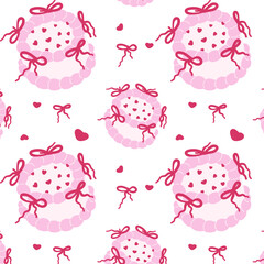 Cute Cake with Bows and Hearts Seamless Pattern. Vector Illustrations. Valentines Background