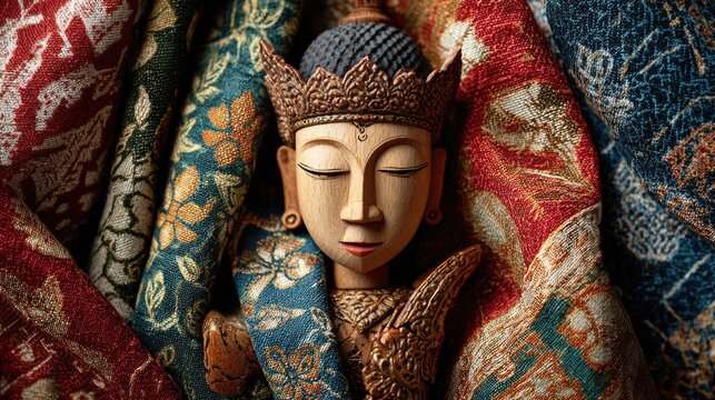 A beautifully carved Wayang Golek wooden puppet displayed upright on a textured batik cloth