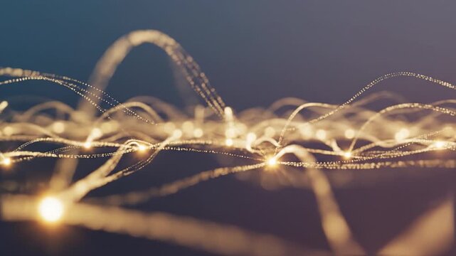 Golden light trails weave across dark background flowing arcs and dotted lines creating abstract network of glowing connectors and soft bokeh highlights evoking motion and energy glowing fiber optic