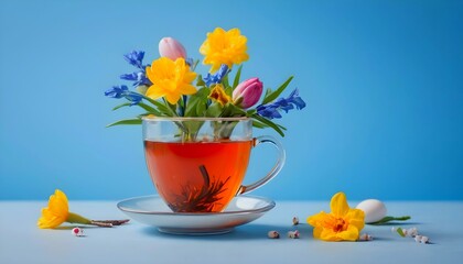 Easter egg and spring flowers in a cup of tea on a blue background, creative Easter holiday concept, minimalism for postcard design, created wth generative ai