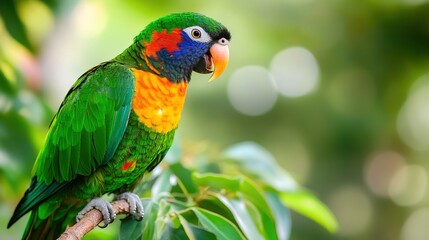sing. A colorful parrot perched on a leafy branch with its beak open. wildlife magazines, conservation campaigns, designed for wildlife conservation campaigns, used by financial analysts.