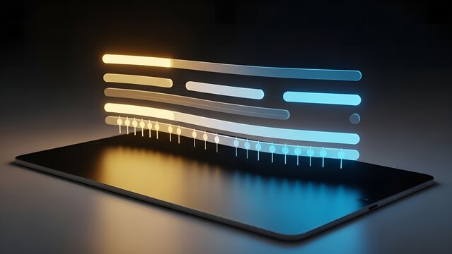Futuristic digital interface displaying glowing data bars emerging from a tablet screen - Powered by Adobe