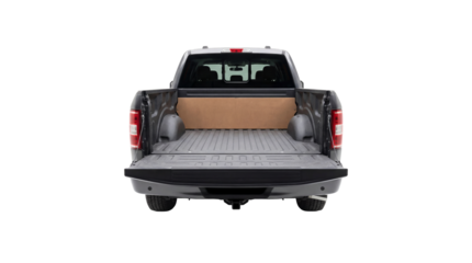 Pickup truck rear view showing open empty bed with transparent background