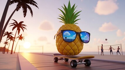 A fun cartoon pineapple character wearing sunglasses and skateboarding on the beach during sunset