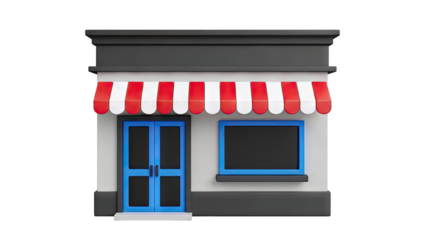 3D Storefront with Red and White Awning and Blue Door
