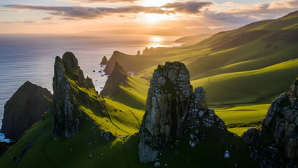 Rocky Cliffs with Green Slopes at Sunset.