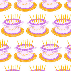 Birthday Cake with Bows and Candles Seamless Pattern. Vector Illustrations