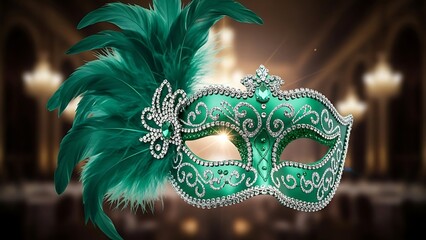 Stunning emerald green masquerade mask featuring elaborate silver embellishments and lush feathers