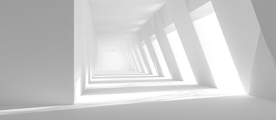 Fototapeta premium Perspective view of a long, white hallway with angled pillars and bright light emanating from openings