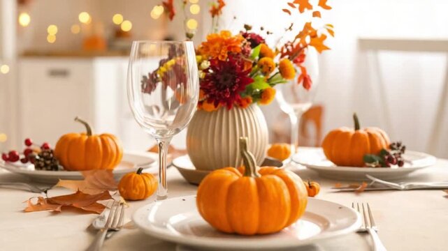 Elegant autumn dinner table setting with pumpkins and fall decor