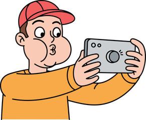Man in Baseball Cap Taking Selfie with Smartphone making Duck Face, Fun Male Character Social Media Influence and Mobile Photography Concept, Modern Communication Vector Illustration