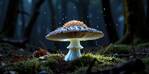 Fototapeta premium A glowing mushroom surrounded by moss in a dark forest ambiance.
