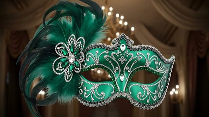 An elegant green masquerade mask decorated with feathers and sparkles for a glamorous party