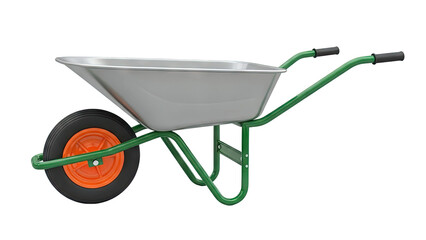 Green Wheelbarrow with Silver Tray and Orange Wheel