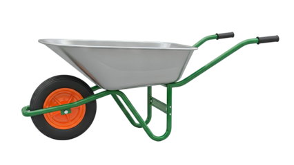 Green Wheelbarrow with Silver Tray and Orange Wheel