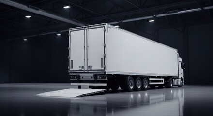 Large cargo truck with a white trailer parked in a spacious warehouse, showcasing the loading ramp and industrial environment, emphasizing logistics and transportation efficiency