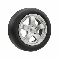 Obraz premium Isolated black tire with silver five-spoke alloy wheel on white background.