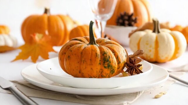 Festive Autumn Table Setting with Pumpkins and Fall Decor for Thanksgiving