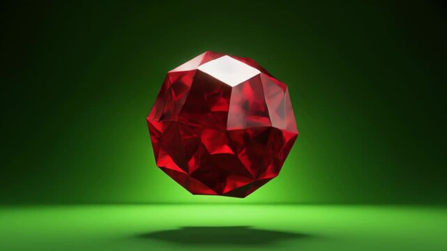 Translucent Red Gem with Facets on Smooth Green Background