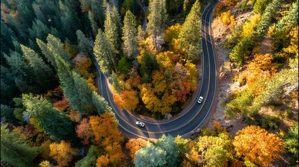 Aerial view of a winding mountain road through autumn forest with colorful foliage
