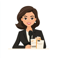 Professional woman speaking into a microphone at a desk