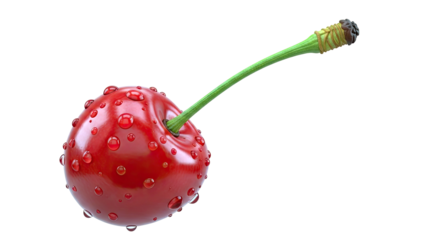 Ripe Red Cherry with Water Droplets and Stem