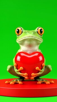 A cartoonish green frog with big eyes embraces a red heart on a red platform