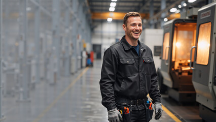 Smiling male industrial worker in a modern factory. Happy technician with tool belt and gloves in a manufacturing plant. Professional maintenance engineer in a workshop