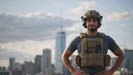 Portrait of a smiling man in tactical gear on a city rooftop. Professional security contractor wearing a helmet and plate carrier vest. Urban defense and protection concept
