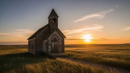 Serene church standing alone in a vast field at sunset.