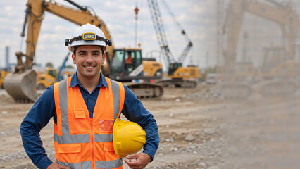 Portrait of a smiling male construction worker in an orange safety vest and white hard hat. Professional engineer at a construction site with excavators and copy space for text