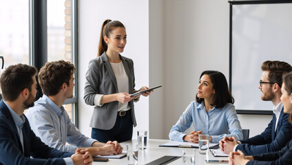 Businesswoman leading a meeting in a modern office. Professional woman presenting to colleagues with a tablet. Corporate teamwork and leadership concept