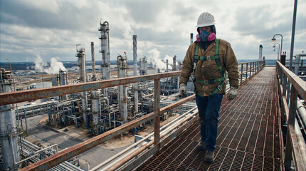 Naklejka premium Industrial worker wearing safety gear walks along metal walkway in a refinery, surrounded by towering pipes and machinery, showcasing the importance of safety in industrial environments