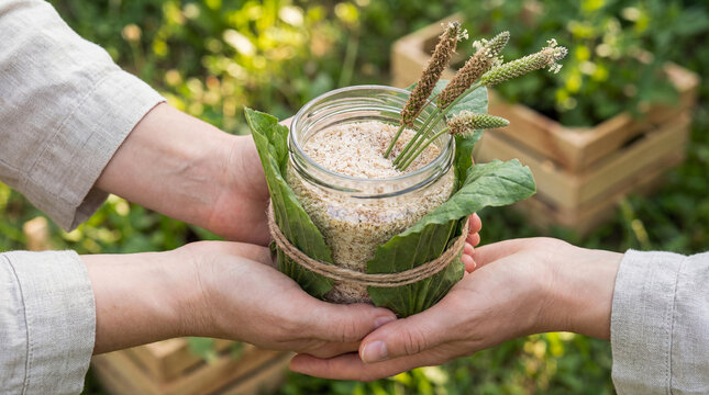 Hands holding a glass jar filled with psyllium and plantain, wrapped in green leaves, showcasing natural ingredients and healthy lifestyle concept in a garden setting