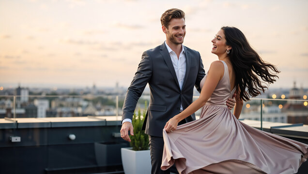 Couple dancing on a rooftop at sunset. Man in formal suit and woman in flowing gown celebrating in the city. Romantic date night with urban skyline view. Luxury lifestyle and relationship concept