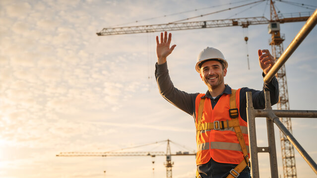 Smiling male construction worker waving on a building site. Professional engineer in safety vest and hard hat at sunset. Industrial development and workplace safety concept