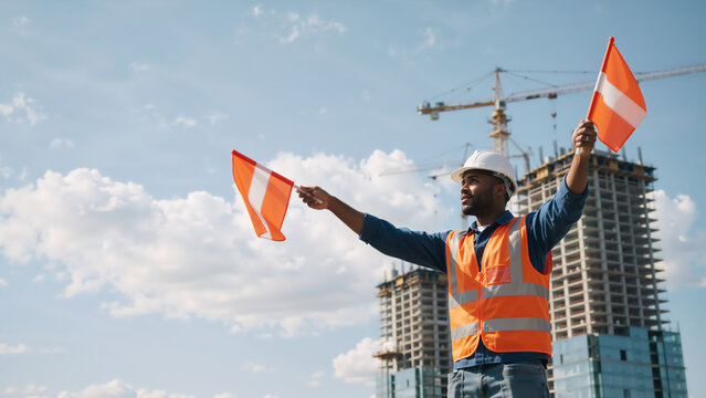 Construction worker signaling with orange flags at a building site. Professional signalman in safety vest and hard hat. High-rise building and cranes in background. Construction safety concept