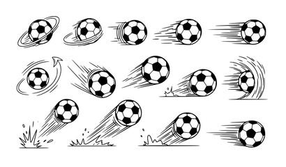 Soccer ball action and motion hand drawn icon set for sports design vector illustration