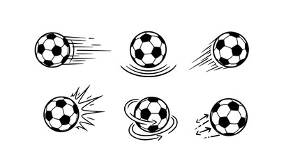 Hand drawn soccer ball motion icons vector set with dynamic sports movement illustrations