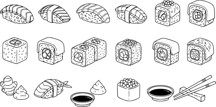 Outline set of black and white vector suchi icons collection