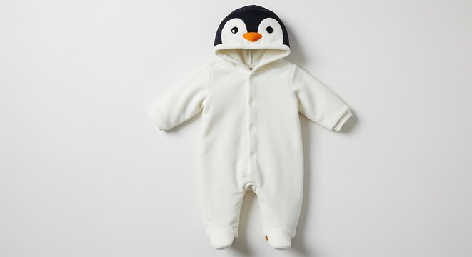 Charming white baby sleepsuit with an adorable penguin hood flat lay cozy winter outfit. AI Generated