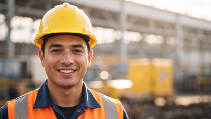 Smiling male construction worker in a yellow hard hat and safety vest. Professional engineer at an industrial site. Workplace safety and professional confidence
