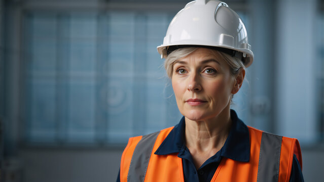 Portrait of a professional female engineer wearing a white hard hat and orange safety vest. Middle-aged woman construction site supervisor in an industrial setting. Professional woman in industry - Powered by Adobe