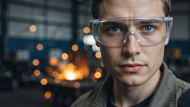 Young male industrial worker wearing clear safety goggles in a factory. Close-up portrait of a technician with sparks in the background. Workplace safety and manufacturing concept - Powered by Adobe